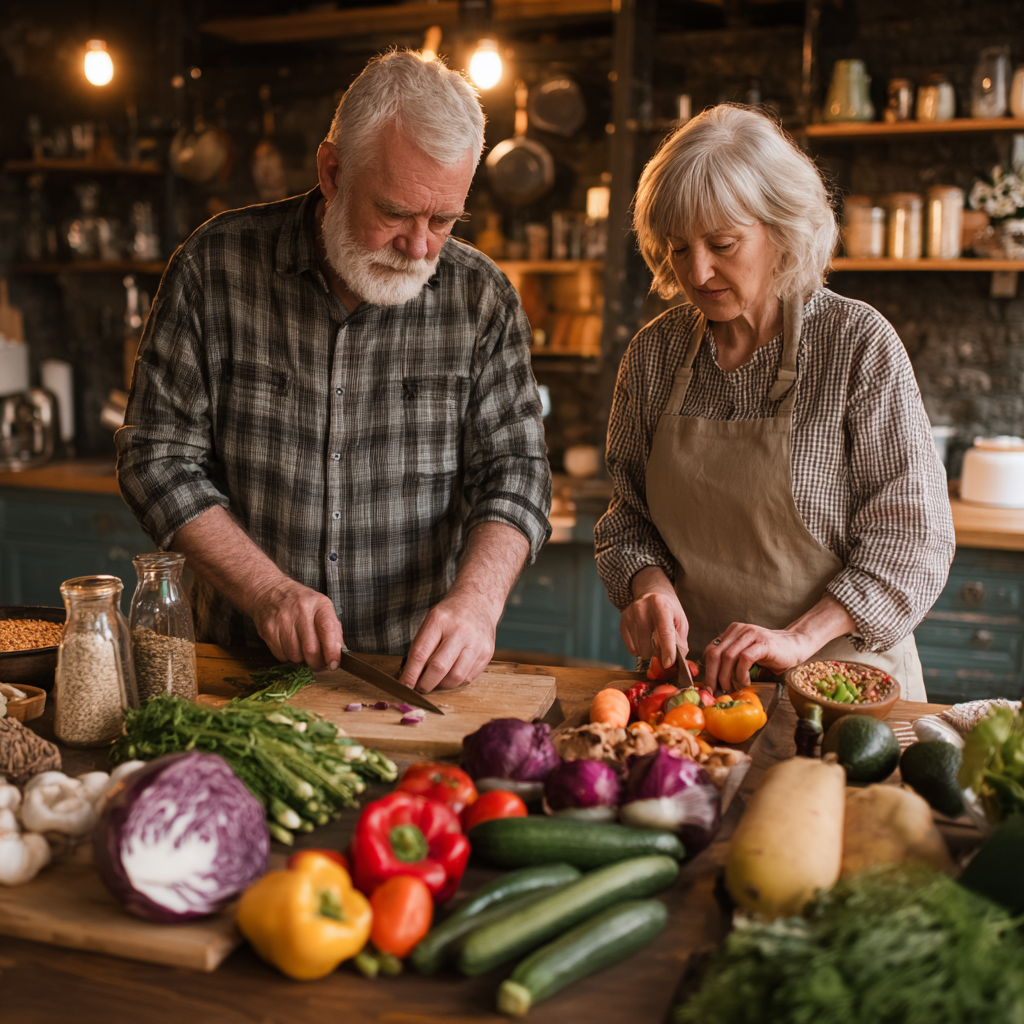 Middle-aged adults preparing fresh vegetables and whole grains for balanced nutrition planning