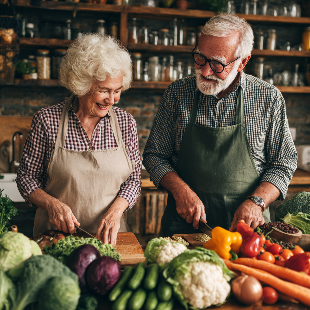 Older adults enjoying colorful fresh vegetables and grains during meal preparation